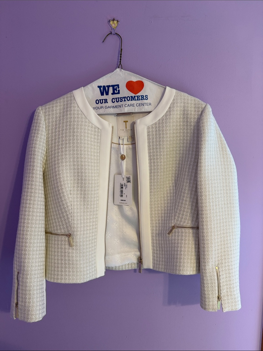 Ted Baker London White Textured Cropped Blazer with Gold Zippers